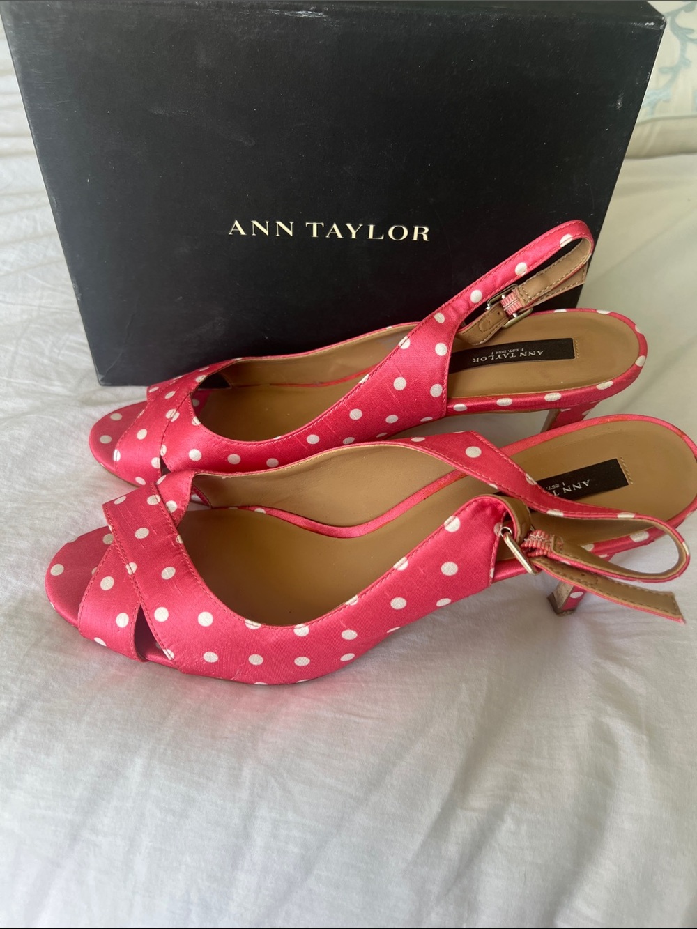 Ann Taylor Pink and White Polka Dot Slingback Heels